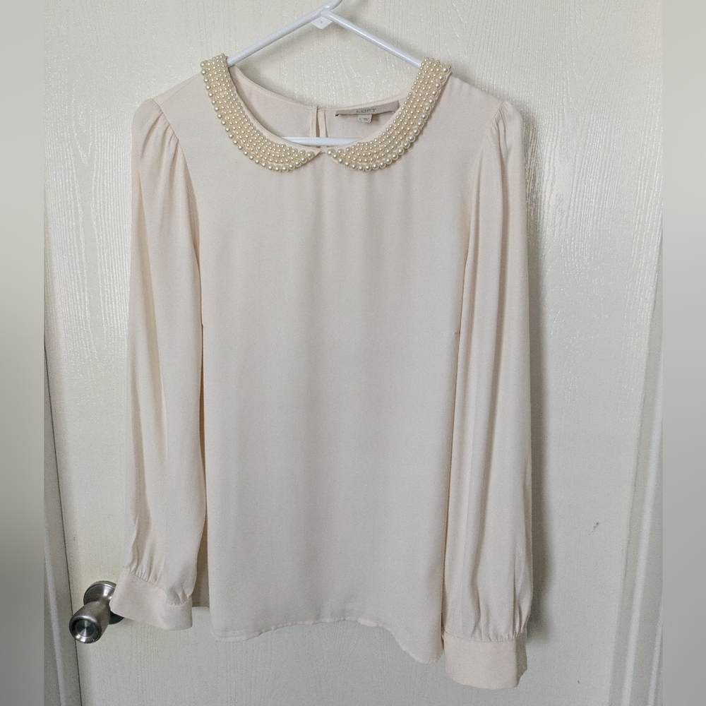 LOFT Pearl Collar Cream Color Long Sleeve Top Size L